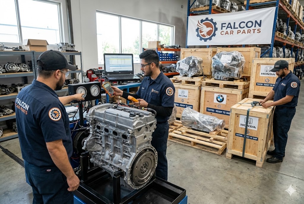 Technical staff testing used engines for Acura, BMW, and Honda